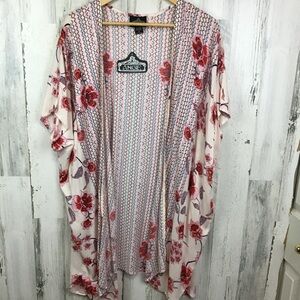 NWT Angie Kimono Floral Open Front Flowy Boho Cottage Short Sleeve Swim Cover S